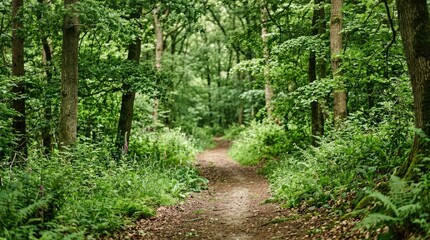 Obraz premium A narrow dirt path winds through a lush, green forest. Tall trees with dense foliage line the trail, creating a sense of depth and enclosure.