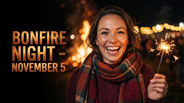 Smiling woman wearing a plaid scarf holding a glowing sparkler at night with a blurred bonfire in the background and bonfire night november 5 text overlay