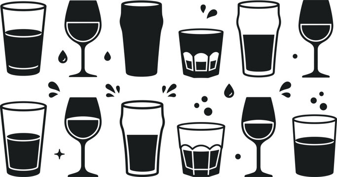 Alcoholic beverage glassware vector set with wine goblet beer pint whiskey tumbler outline glyph illustration collection elements