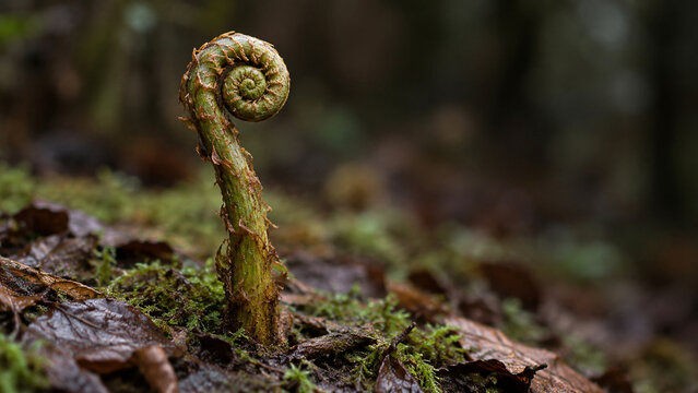 Involute fern fiddlehead in forest moss, growth and nature renewal concept