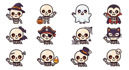 Obraz premium Minimalist Halloween Themed Cartoon Skeletons with Colorful Costumes and Accessories in Playful Style