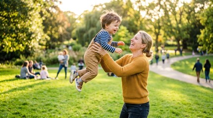 Fototapeta premium A smiling mother joyfully lifts her young son in the air at a park. The happy child laughs with delight while the mother looks down at him with affection.