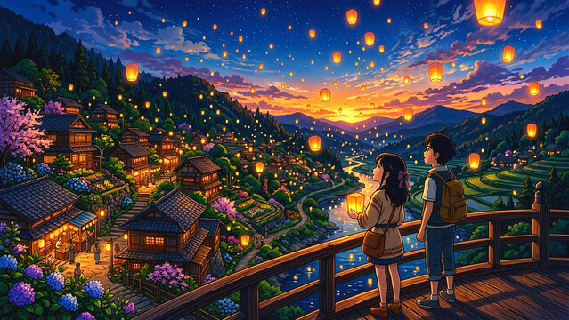 Young couple watching floating sky lanterns over a traditional Japanese village