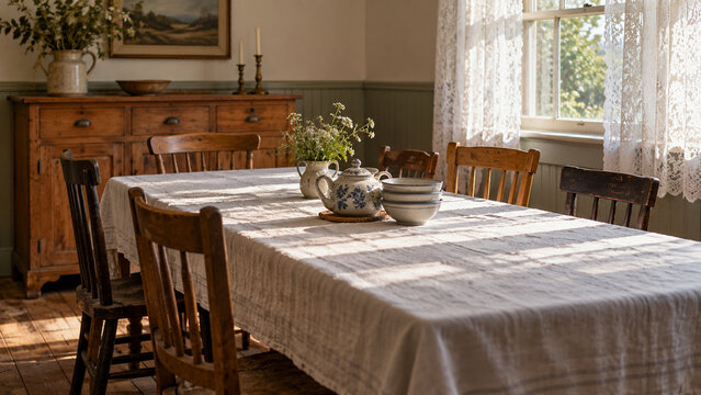 Sunlit boardinghouse dining room with pine table, mismatched chairs, ceramic teapot, lace curtain, homely atmosphere