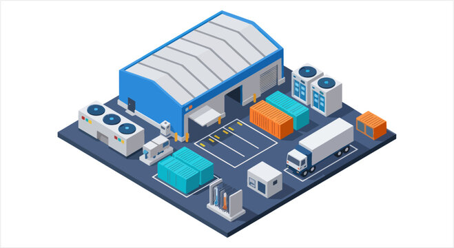 Isometric industrial warehouse complex with logistics and machinery.