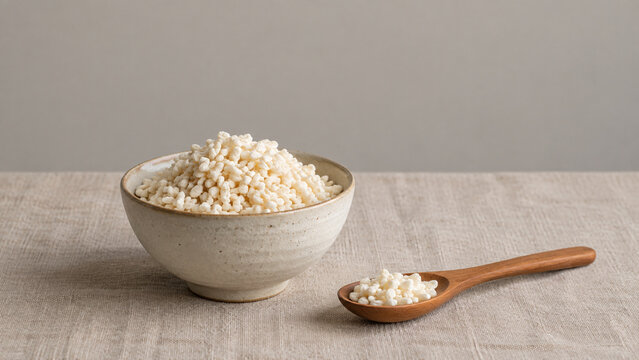 Bowl of koji rice with wooden spoon on linen, minimal food concept