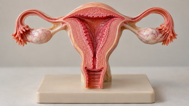 Anatomical model of uterus cross-section showing endometrium, female reproductive system and education concept