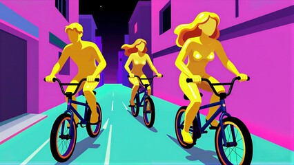 Obraz premium Three vibrant cyclists ride down a neon-lit urban street at night.
