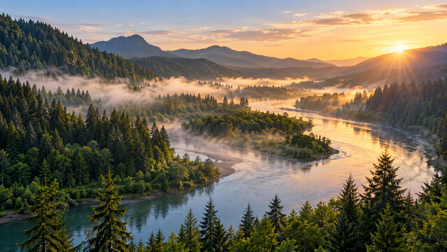 Willamette River winding through misty Oregon valley at sunrise.