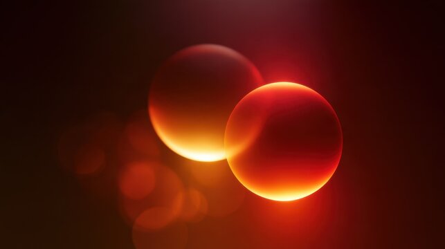 Two glowing red orange spheres floating in the dark with soft bokeh circles behind them, abstract energy ball and plasma light concept