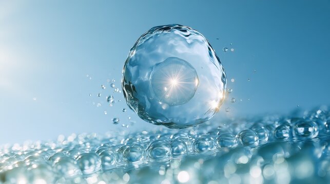 Water bubble floating above a sparkling blue water surface with tiny droplets around it, fresh clean hydration and beauty purity concept