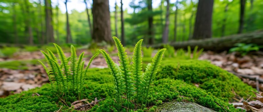 Young fern fronds growing in a mossy forest floor