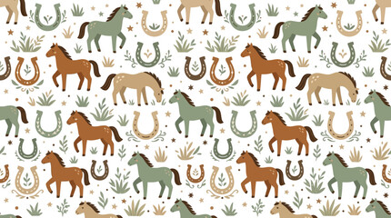 Fototapeta premium Cute Horse Pattern with Horseshoes and Grass - Seamless Vector Illustration