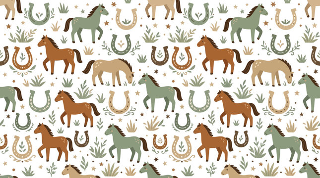 Cute Horse Pattern with Horseshoes and Grass - Seamless Vector Illustration