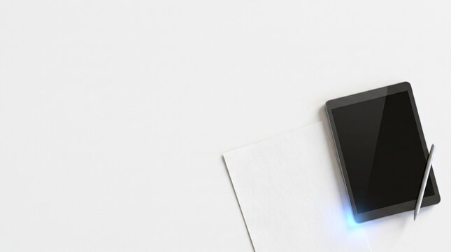 Clean white surface with a sleek digital tablet and open blank space, ideal for medical health record validation and secure data entry tasks, ensuring compliance and efficiency