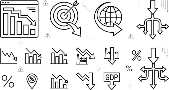 Economic recession financial crisis vector icon set with decreasing stock market chart outline line art doodle illustration