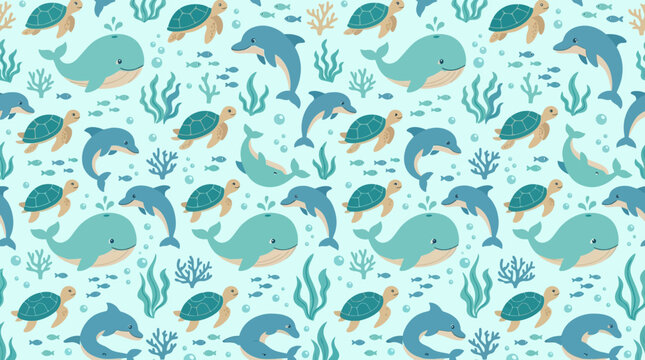 Seamless pattern with cute cartoon ocean animals: whales, dolphins, turtles, fish, and seaweed.