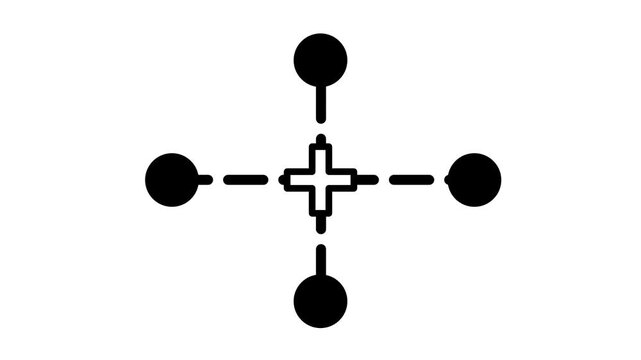 A plus shaped cross connects four solid black dots at its four ends forming a symmetrical compass like node network connection diagram icon design