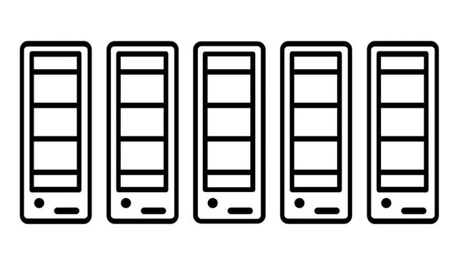 A row of five identical mobile phone outline icons stand side by side in a straight line representing multiple digital devices lined neatly together