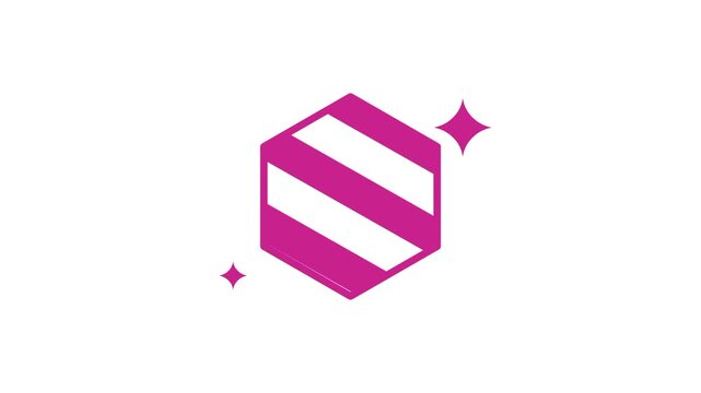 A pink and white diagonally striped hexagon gemstone shape sparkles brightly with several small star accents on a plain white background surface area