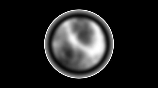 A round gray metallic sphere featuring a cloudy swirling texture closely resembles a small moon or a distant planet floating in dark space background