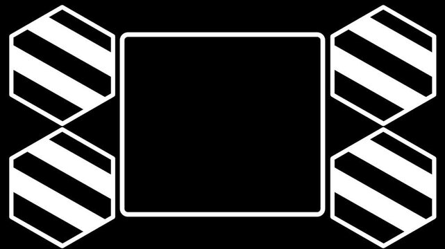 Two diagonally striped hexagon shapes flank a solid black square outline centered neatly between them creating a balanced symmetrical composition