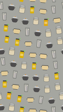 Kitchenware pattern with pots, jars, and glasses