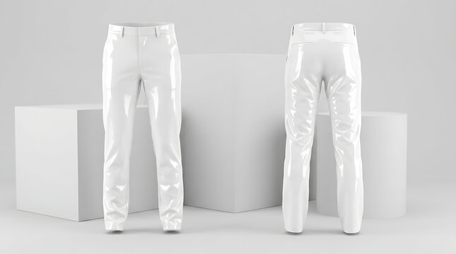 White Chino Pants Mockup Front And Back View Displayed On Minimalist Studio Pedestal Background For Apparel Design