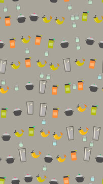 Seamless pattern of kitchen items and food ingredients