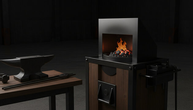 A coal forge fire glowing orange, everything clean and newly maintained, moody low-key light with a single highlight