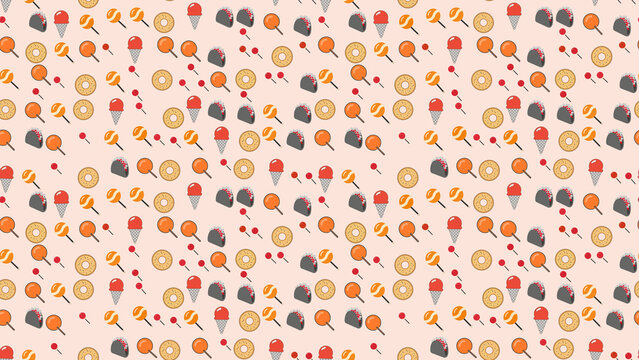 Seamless pattern of ice cream, tacos, donuts, and lollipops