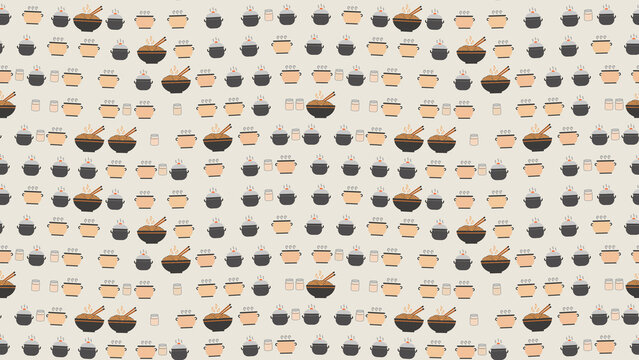 Seamless pattern of noodle bowls and cooking pots