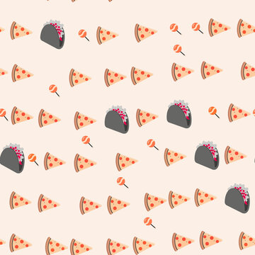 Seamless pattern of pizza, tacos, and lollipops