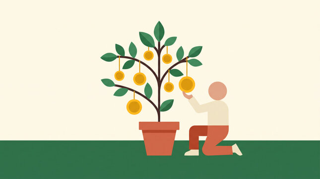 Person Picking Gold Coin Fruit from Money Plant Illustration