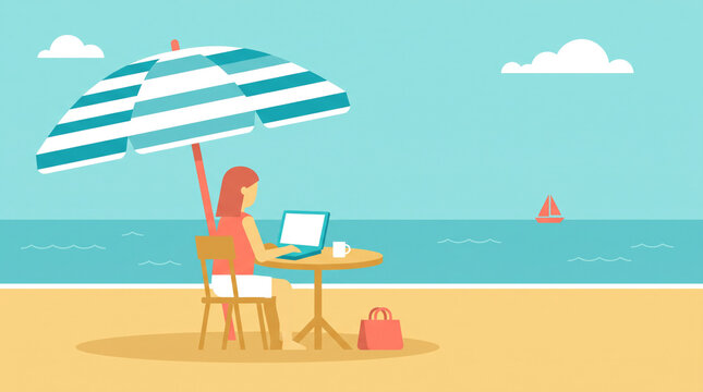 Remote Worker with Laptop Under Beach Umbrella Illustration