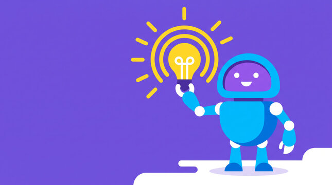 Friendly Robot Holding Glowing Light Bulb Illustration