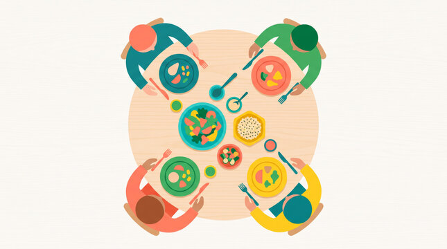 Top View of Round Table with Four People Sharing Dishes
