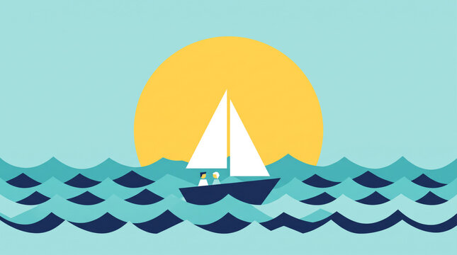 Sailboat on Wavy Sea Under Large Yellow Sun Illustration
