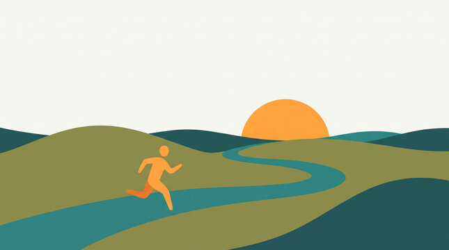 Runner on Curving River Path Toward Sunrise Illustration