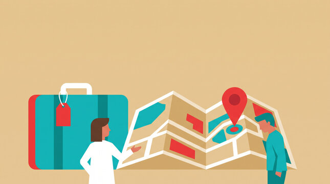 Suitcase and Unfolded Map with Location Pin Illustration