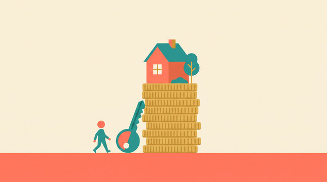 Small Key and Tiny House on Tall Stack of Coins Illustration