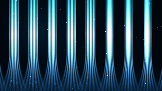 Abstract vertical blue light beams rising from a dark patterned base, digital data streams, technology background, futuristic motion