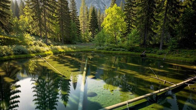 Turquoise water at jiuzhaigou national park with pine forest