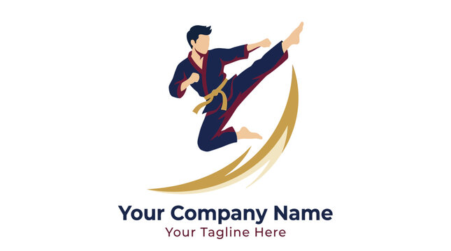 Karate Master Performing High Kick Action, Martial Arts Logo