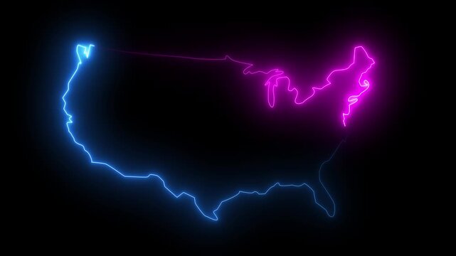 Glowing neon light outline map of the United States on a solid black background.Ideal for US geography presentations, election coverage graphics