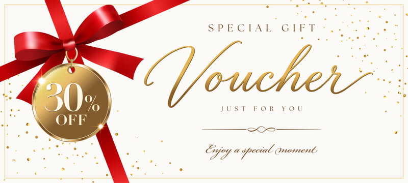 Elegant gift voucher template design with red ribbon bow tag and 30 percent off discount coupon certificate