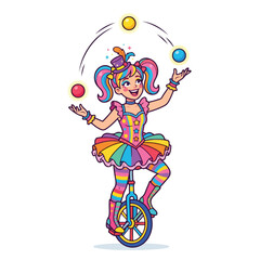 Juggling Circus Girl on Unicycle in Colorful Rainbow Costume for Entertainment © abdullah