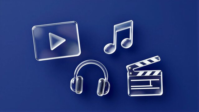Floating transparent icons: video, music, headphones, and film clapperboard against a dark background.