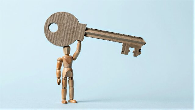 Wooden figure holds giant cardboard key, symbolizing access or unlocking potential.