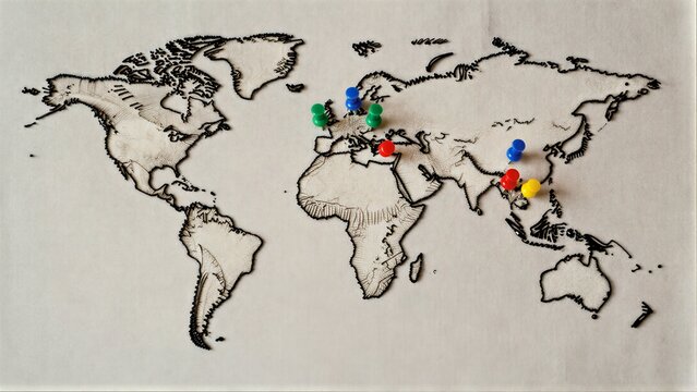 Colorful pins mark locations on a stitched world map, hinting at global journeys.